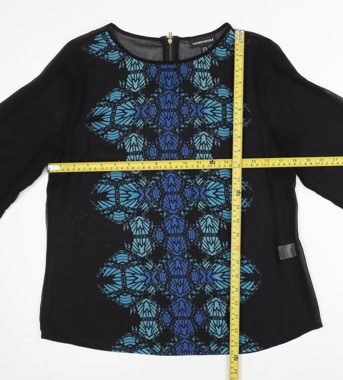 Warehouse Women’s Black Geometric Long Sleeve Chiffon Blouse UK 12