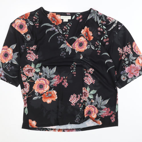 Monsoon Women Black Floral Wrap Blouse Size 10 Short Sleeve V-Neck