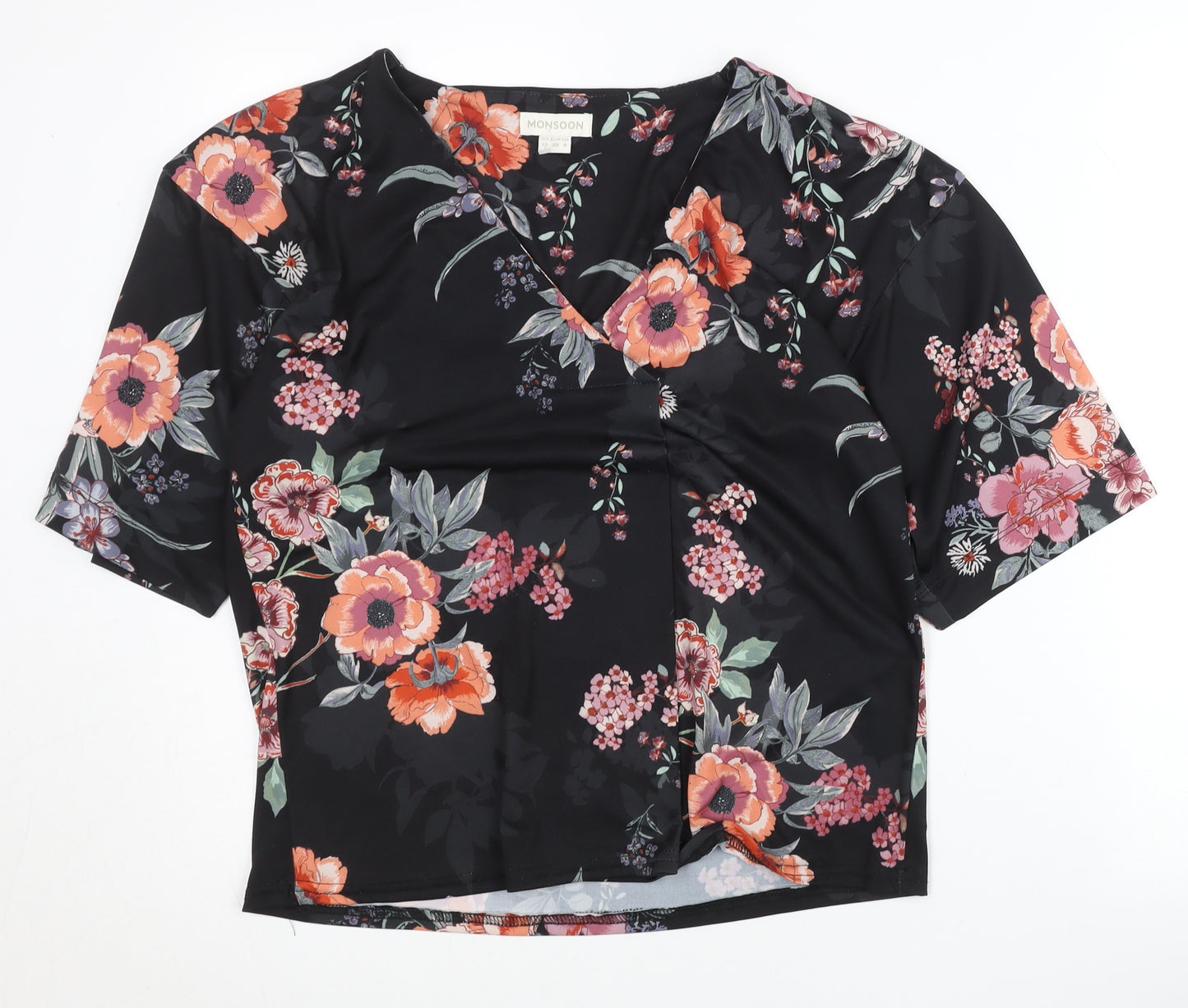 Monsoon Women Black Floral Wrap Blouse Size 10 Short Sleeve V-Neck