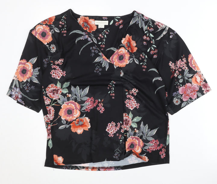 Monsoon Women Black Floral Wrap Blouse Size 10 Short Sleeve V-Neck