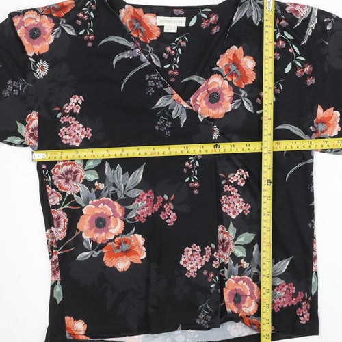 Monsoon Women Black Floral Wrap Blouse Size 10 Short Sleeve V-Neck