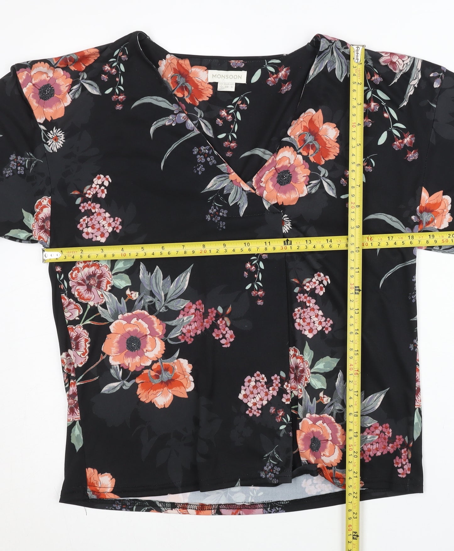 Monsoon Women Black Floral Wrap Blouse Size 10 Short Sleeve V-Neck