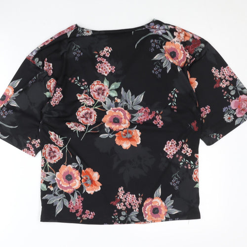 Monsoon Women Black Floral Wrap Blouse Size 10 Short Sleeve V-Neck