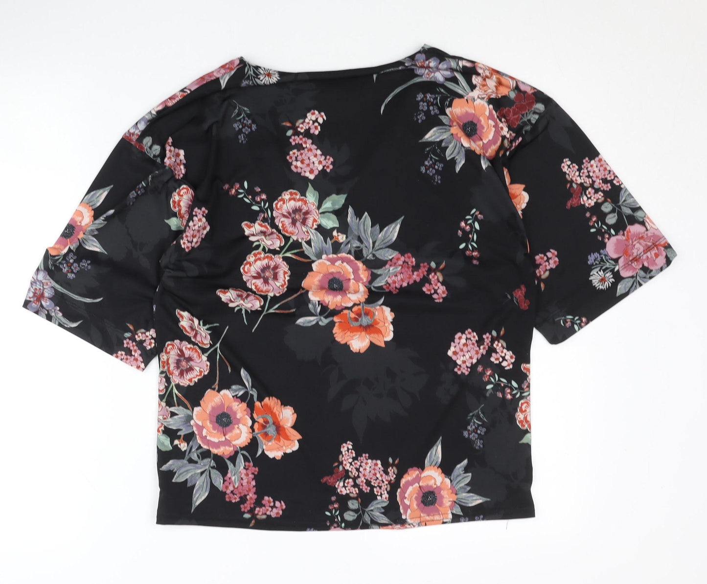 Monsoon Women Black Floral Wrap Blouse Size 10 Short Sleeve V-Neck