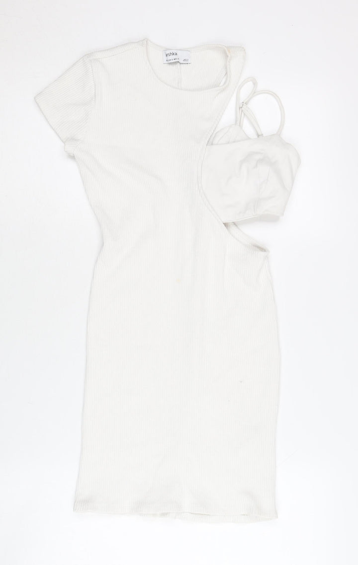 Bershka Women’s White Bodycon Mini Dress Size S Scoop Neck Sleeveless