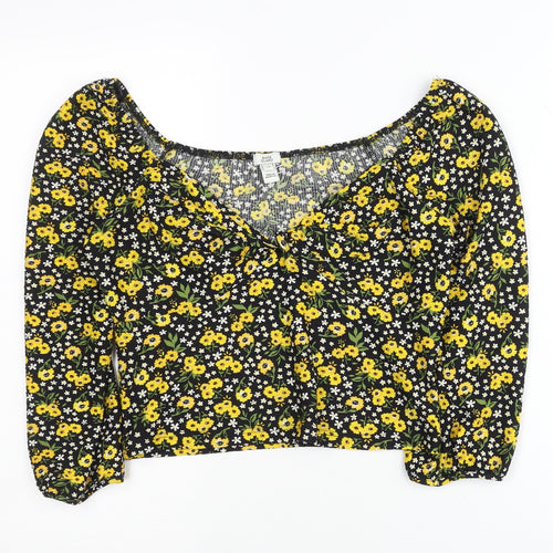 River Island Womens Floral Blouse Size 12 Black Yellow Long Sleeve Cropped