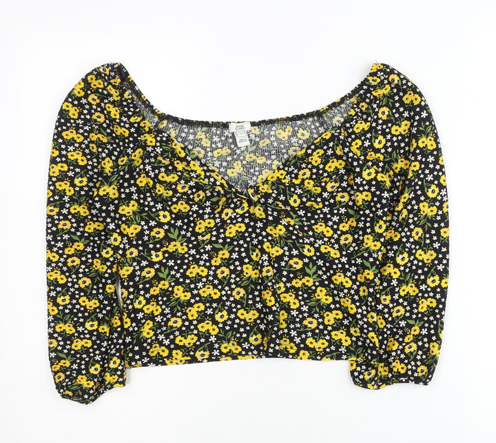 River Island Womens Floral Blouse Size 12 Black Yellow Long Sleeve Cropped