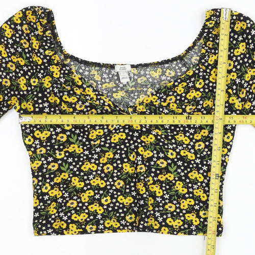 River Island Womens Floral Blouse Size 12 Black Yellow Long Sleeve Cropped