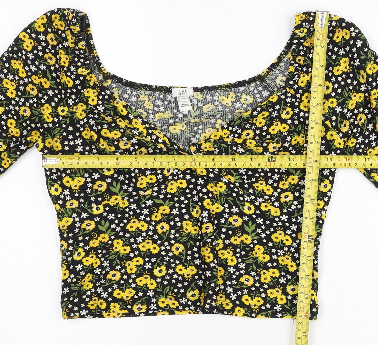 River Island Womens Floral Blouse Size 12 Black Yellow Long Sleeve Cropped