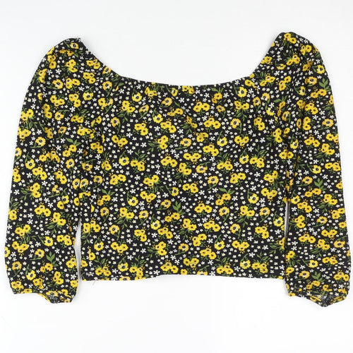 River Island Womens Floral Blouse Size 12 Black Yellow Long Sleeve Cropped