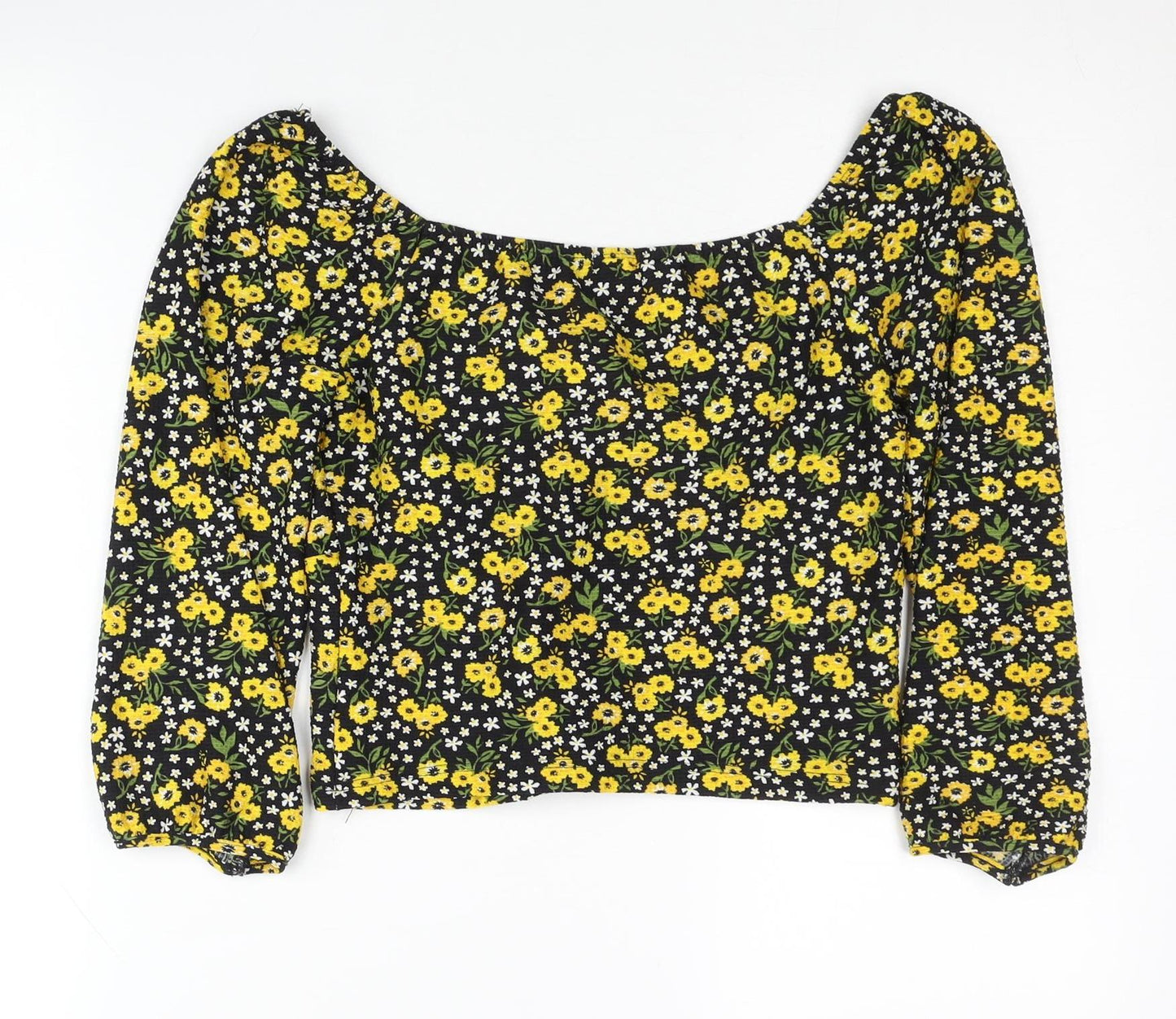 River Island Womens Floral Blouse Size 12 Black Yellow Long Sleeve Cropped