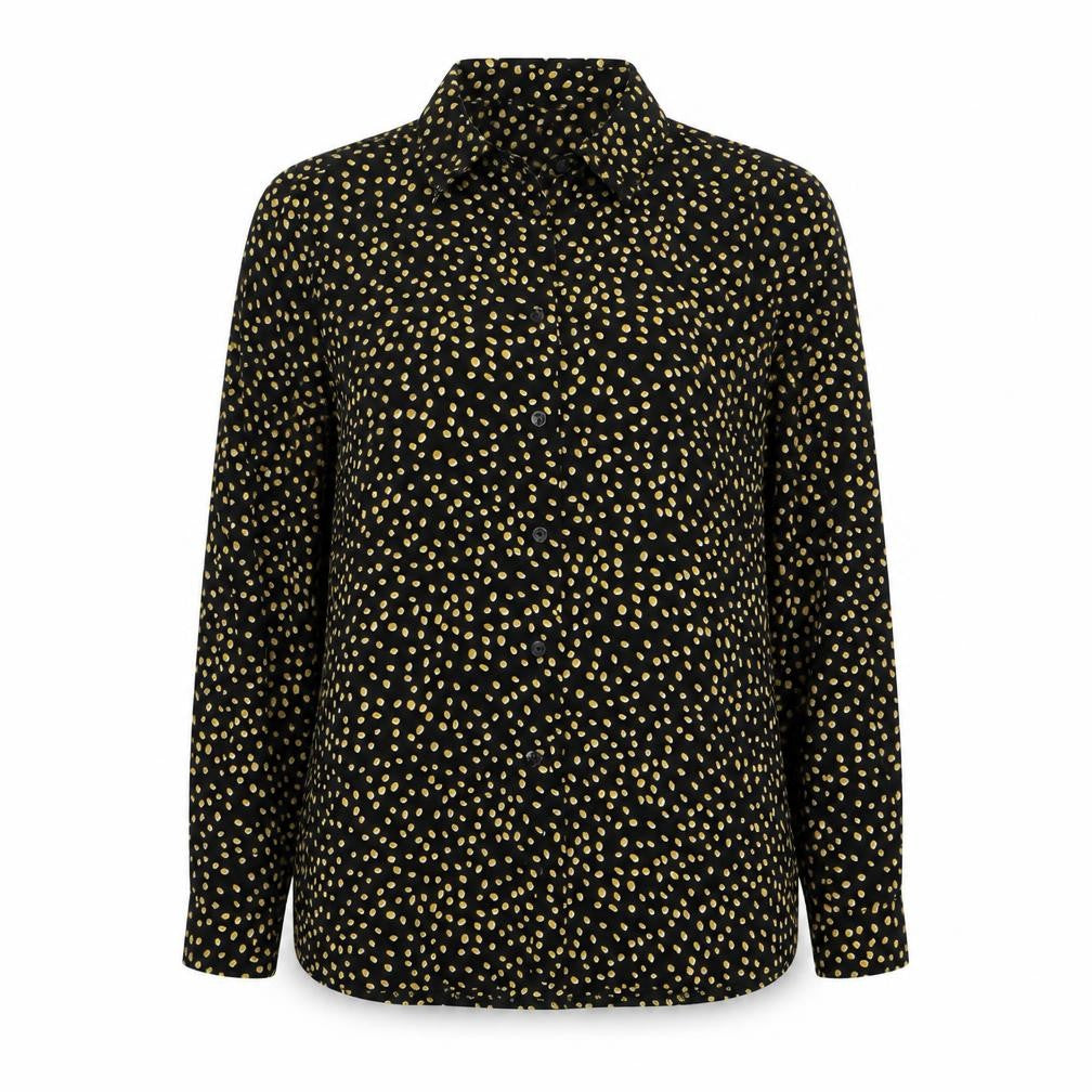 Front view of New Look women’s black polka dot button-up shirt, size UK 14