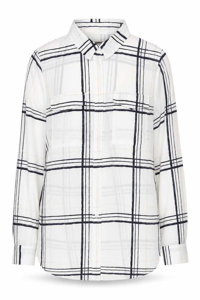 Front view of Marks & Spencer women’s white plaid button-up shirt, size UK 10