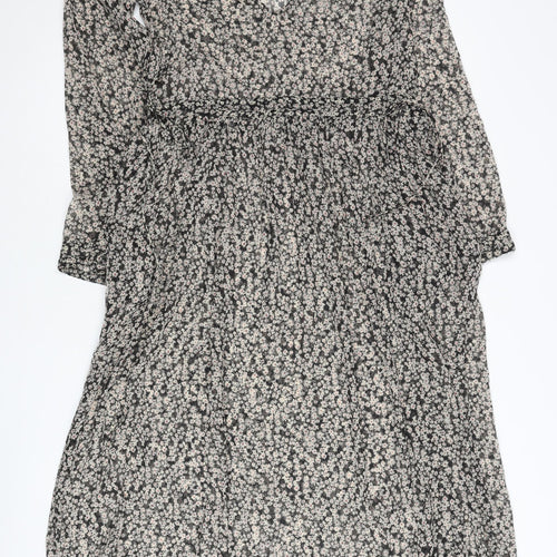 Zara Women Black Floral Shift Dress XS V-Neck Long Sleeve Boho Chiffon