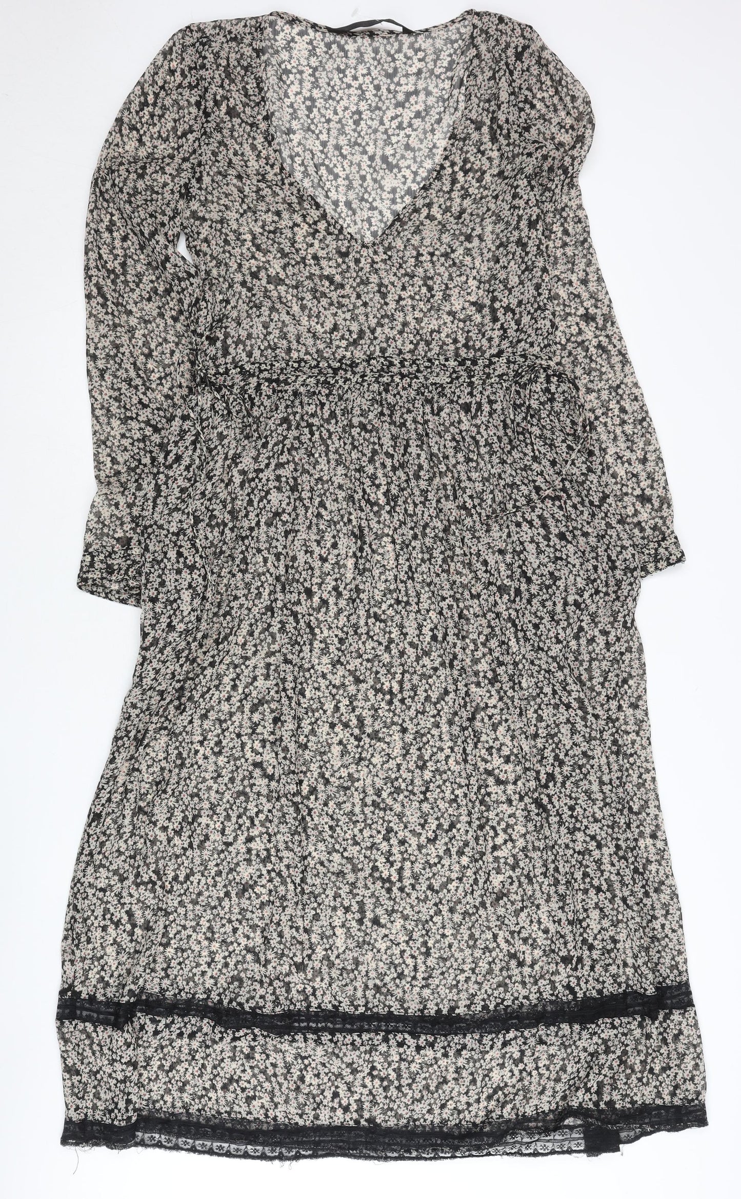 Zara Women Black Floral Shift Dress XS V-Neck Long Sleeve Boho Chiffon