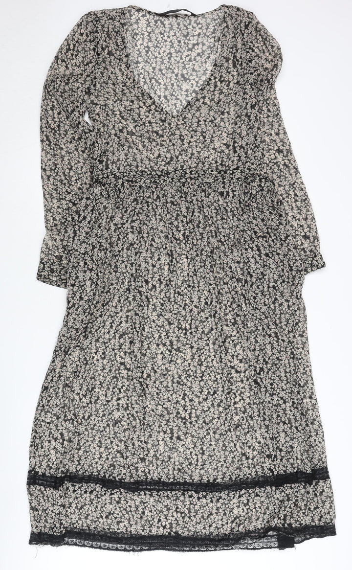 Zara Women Black Floral Shift Dress XS V-Neck Long Sleeve Boho Chiffon