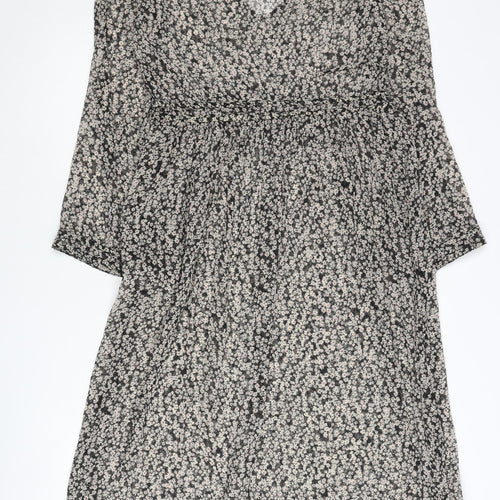 Zara Women Black Floral Shift Dress XS V-Neck Long Sleeve Boho Chiffon