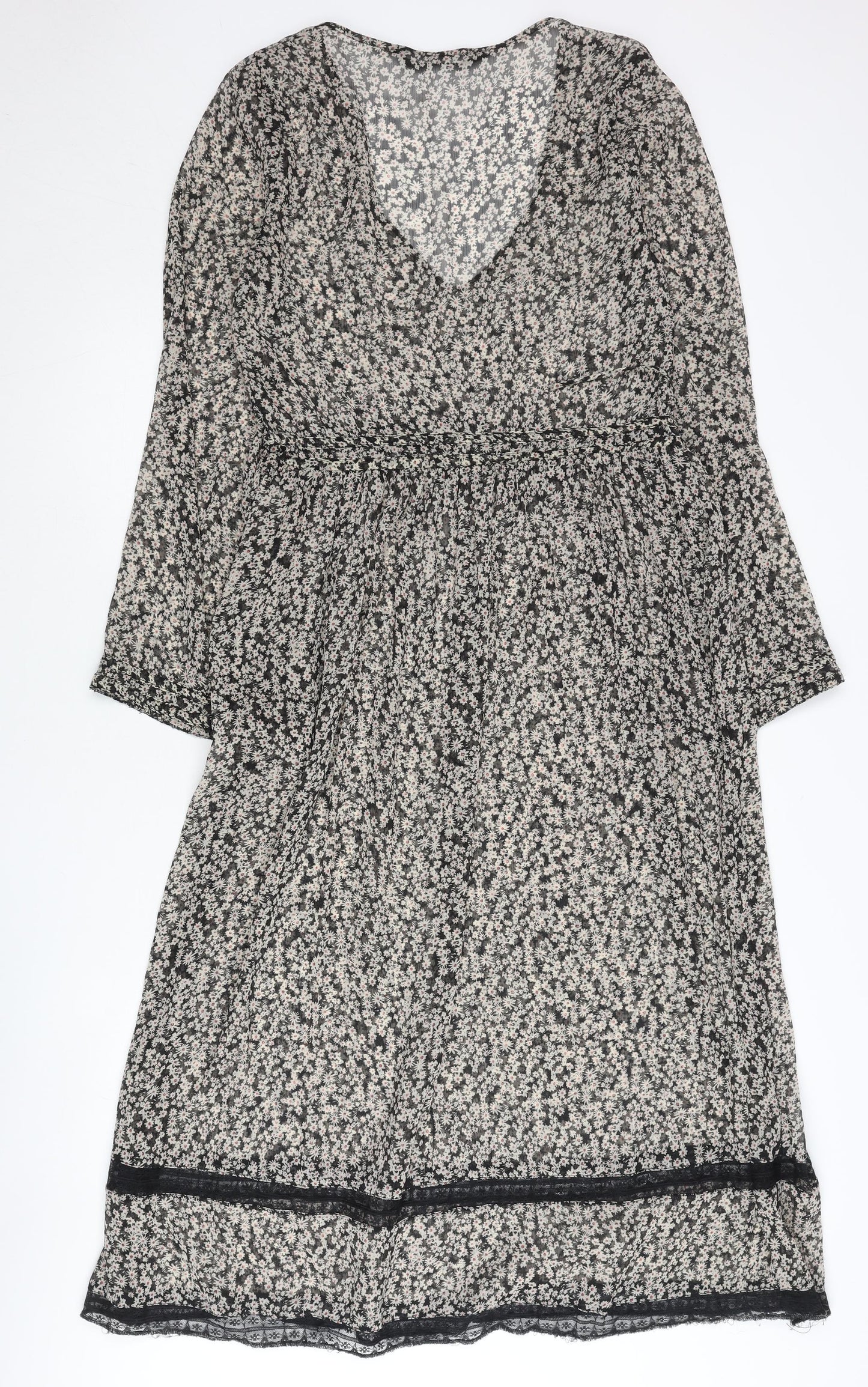 Zara Women Black Floral Shift Dress XS V-Neck Long Sleeve Boho Chiffon