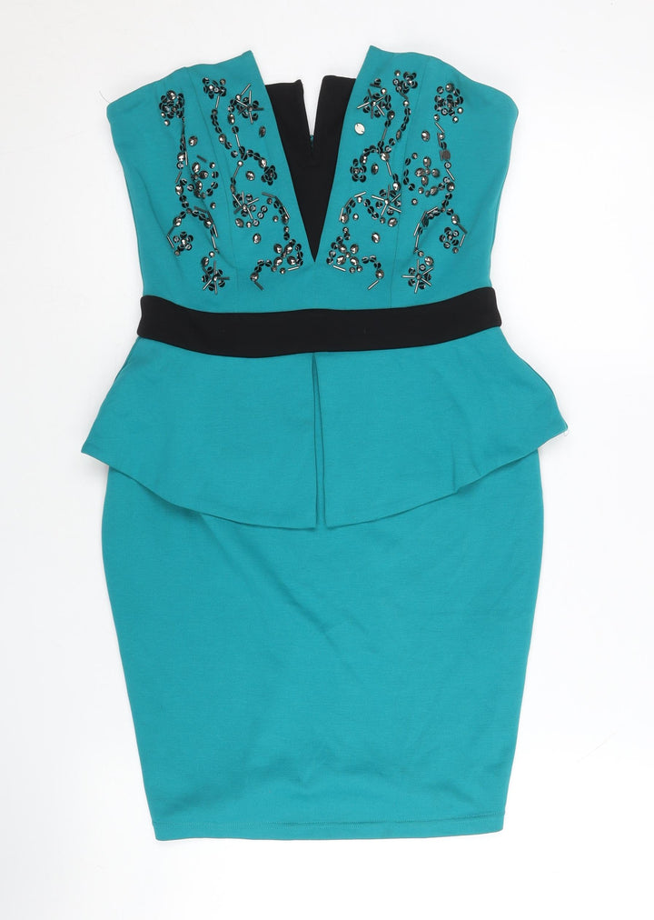 Lipsy Women’s Blue Sequin Strapless Bodycon Dress UK 12 Party Cocktail