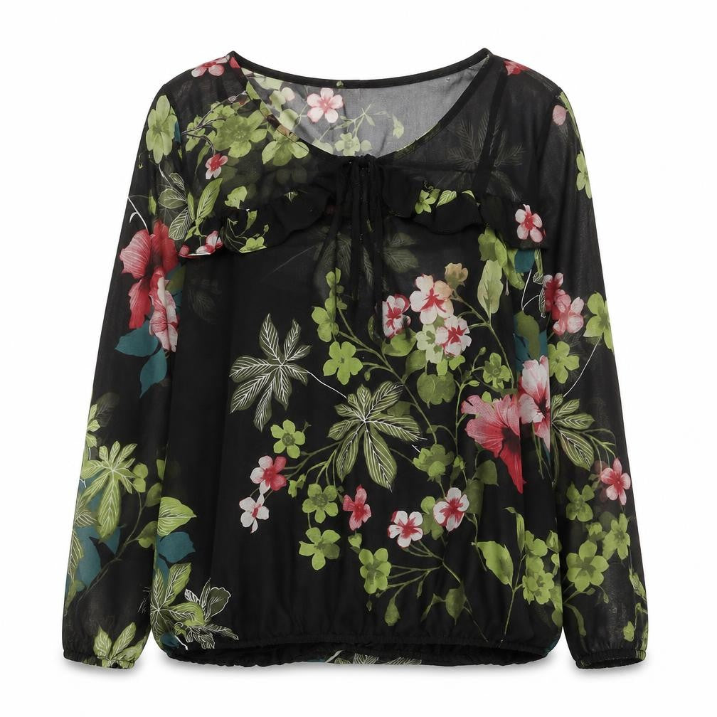 Front view of River Island women’s floral chiffon tunic blouse, size UK 12, black multi