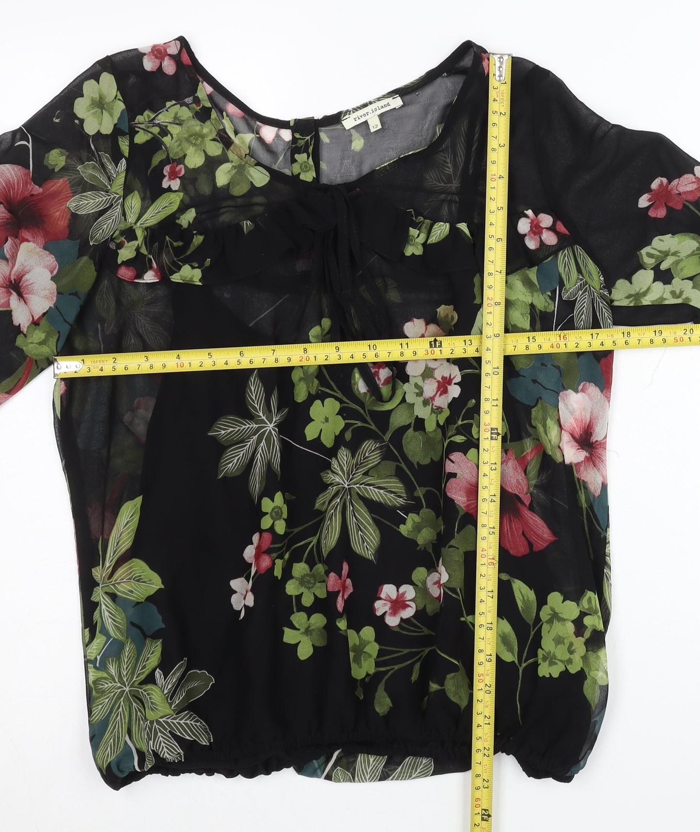 River Island Womens Floral Chiffon Tunic Blouse Size 12 Black Multi