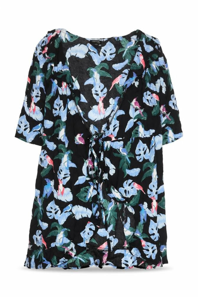 Front view of Monki women’s multicoloured tropical bird wrap kimono top, size UK 10