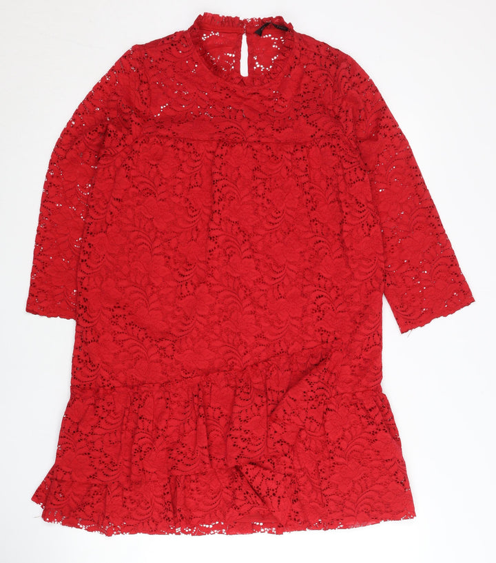 Zara Women Red Lace Sheath Dress Size 8 Long Sleeve Cocktail