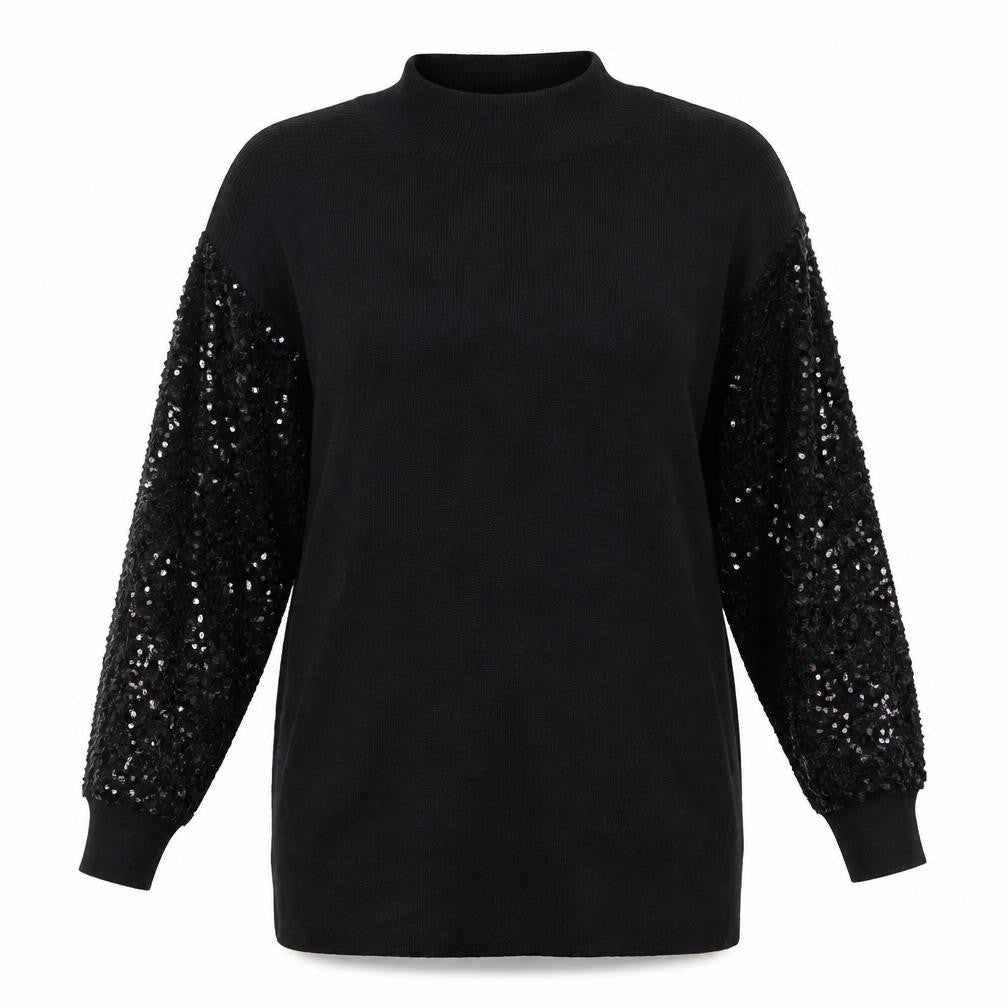 Front view of OUIZ women’s black sequin sleeve mock neck jumper, size S