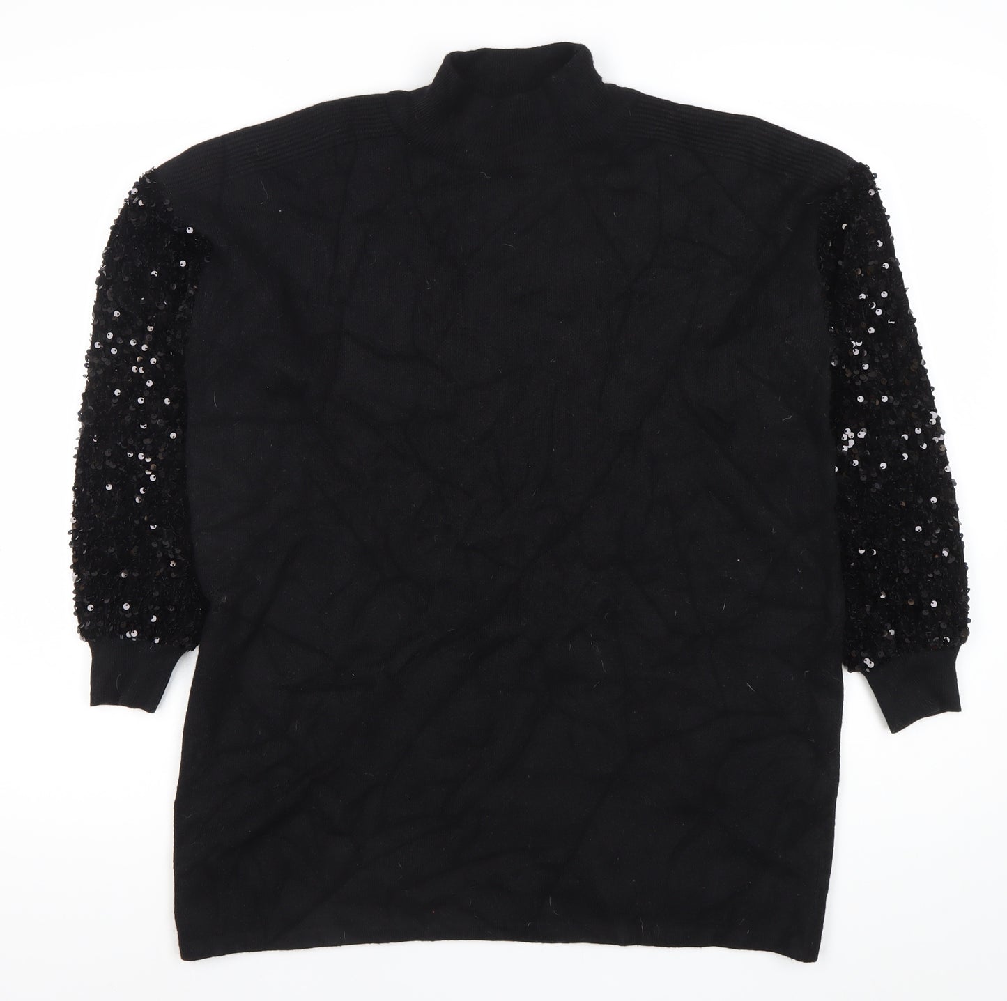 OUIZ Womens Black Sequin Sleeve Mock Neck Pullover Jumper Size S
