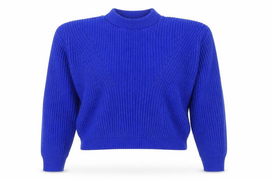 Front view of Boohoo Women’s Blue Mock Neck Chunky Knit jumper, size L