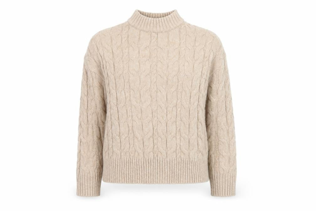 Front view of RESERVED women’s beige cable knit mock neck jumper, size M