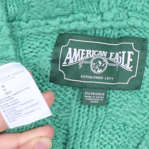 American Eagle Women’s Green XS Cable Knit Hooded Jumper