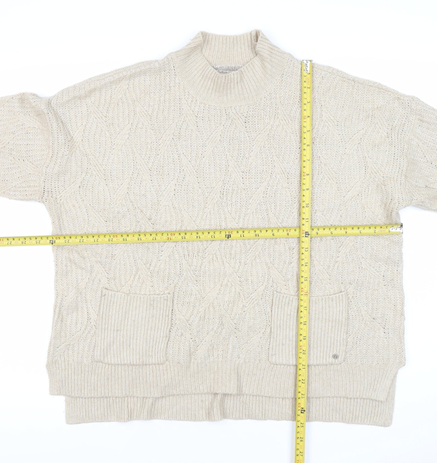 Fat Face Womens Beige Cable Knit Mock Neck Pullover Jumper Size 14