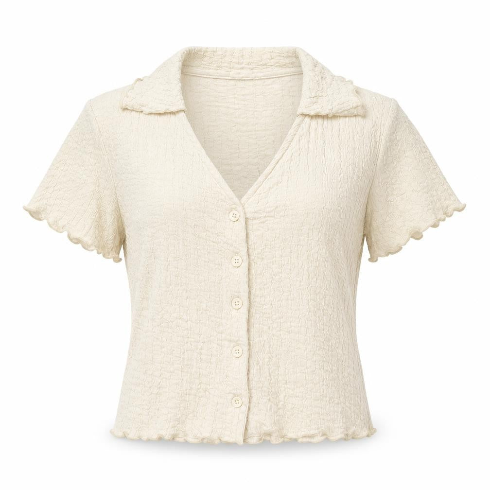 Primark Women’s Ivory XS Cropped Button-Up Short Sleeve Top