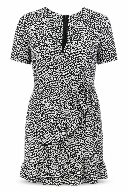 Front view of Quiz women’s black animal print short bodycon dress, size UK 12