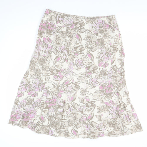 EWM Women’s Beige Pink Floral Linen Blend A-Line Midi Skirt Size 14