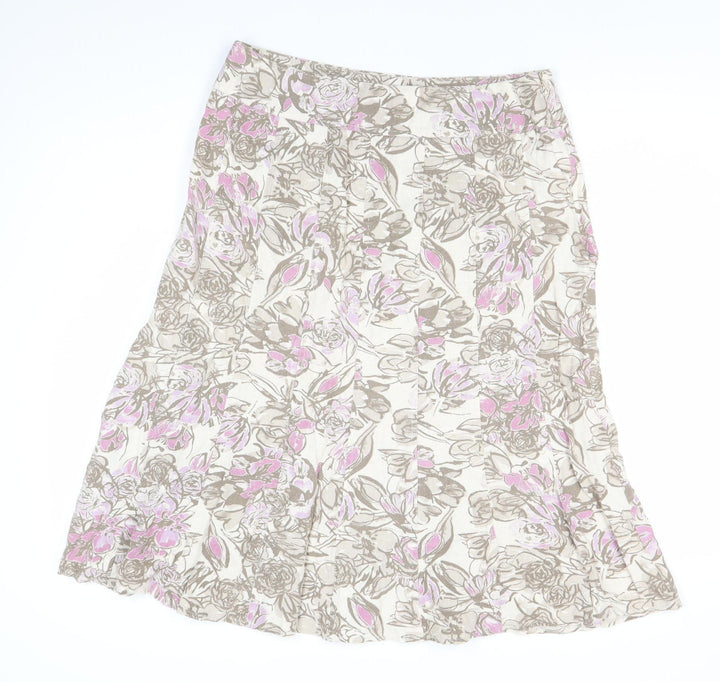 EWM Women’s Beige Pink Floral Linen Blend A-Line Midi Skirt Size 14