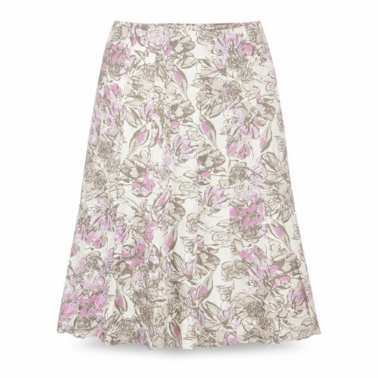 Front view of EWM Women’s Beige Pink Floral Linen Blend A-Line Midi Skirt, size UK 14