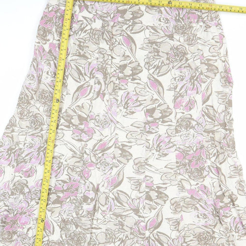 EWM Women’s Beige Pink Floral Linen Blend A-Line Midi Skirt Size 14