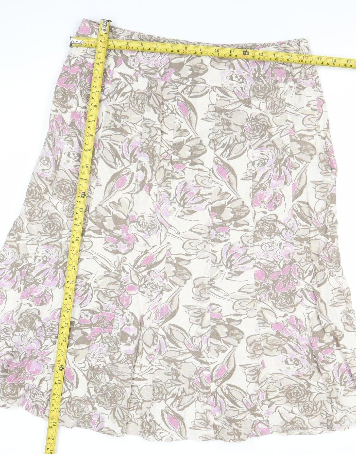 EWM Women’s Beige Pink Floral Linen Blend A-Line Midi Skirt Size 14