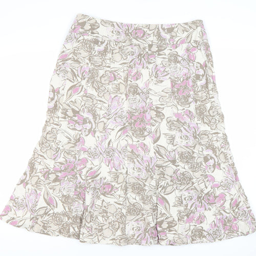 EWM Women’s Beige Pink Floral Linen Blend A-Line Midi Skirt Size 14
