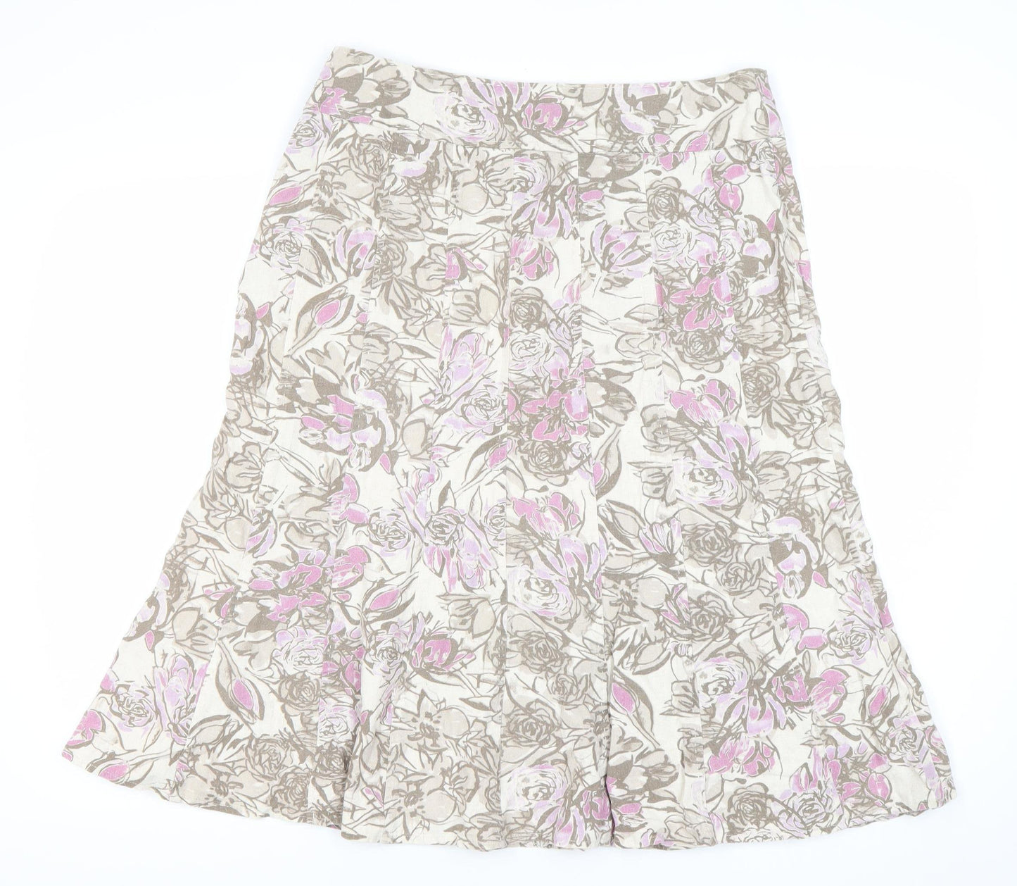 EWM Women’s Beige Pink Floral Linen Blend A-Line Midi Skirt Size 14