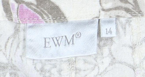 EWM Women’s Beige Pink Floral Linen Blend A-Line Midi Skirt Size 14
