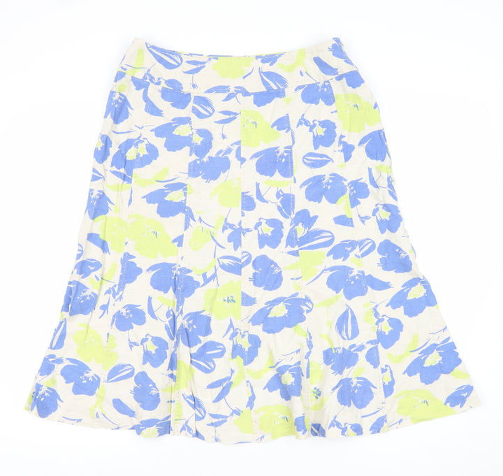 EWM Women’s Multicoloured Floral Linen Viscose A-Line Midi Skirt Size 14