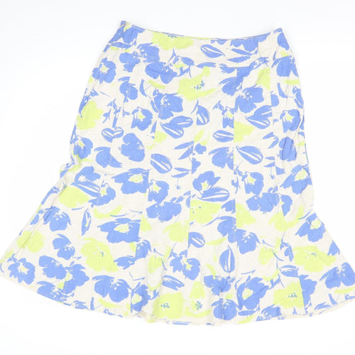 EWM Women’s Multicoloured Floral Linen Viscose A-Line Midi Skirt Size 14