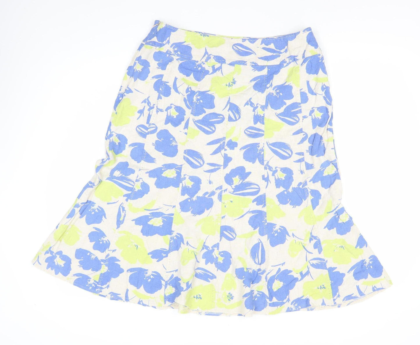 EWM Women’s Multicoloured Floral Linen Viscose A-Line Midi Skirt Size 14
