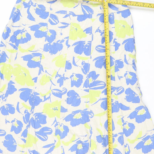 EWM Women’s Multicoloured Floral Linen Viscose A-Line Midi Skirt Size 14