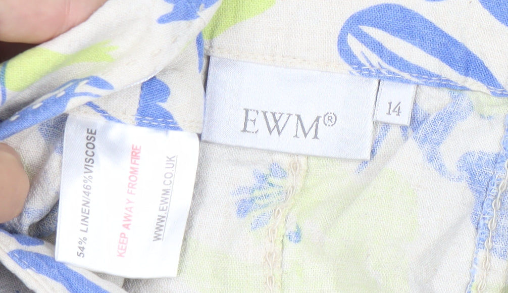 EWM Women’s Multicoloured Floral Linen Viscose A-Line Midi Skirt Size 14