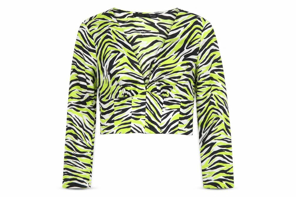 Front view of Bershka women’s multicoloured zebra print cropped blouse, size UK 8