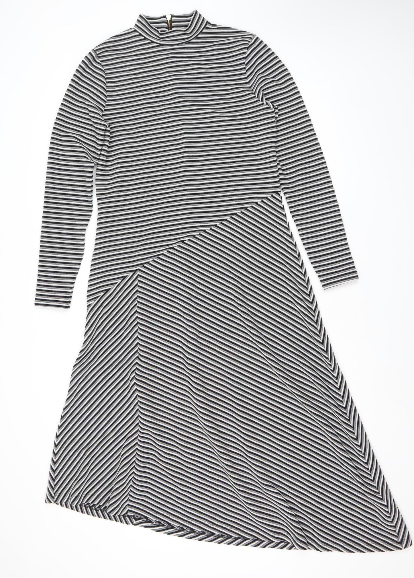 Mint Velvet Women’s Black Striped Asymmetric Midi Dress UK 12
